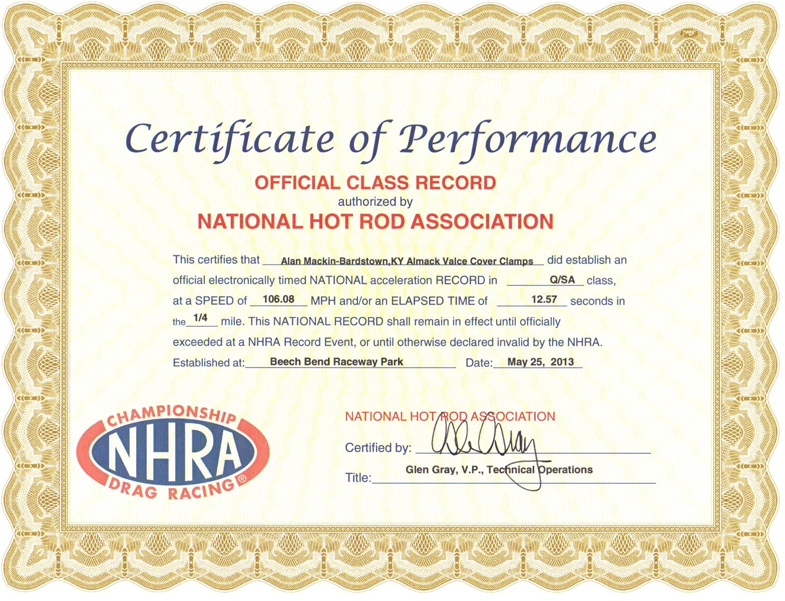 NHRA Record certificate 2