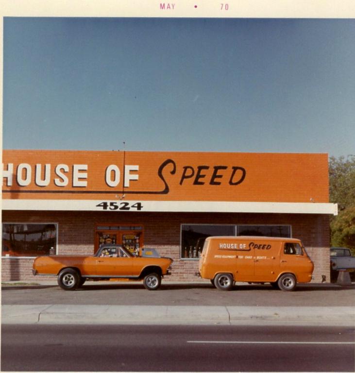 House of Speed, owned by John Lane, Glendale Arizona. Joe Faulkner's El Camino with the shop van. The El Camino had a huge transformation several years later.