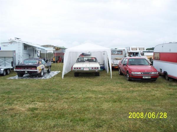 First go with car after 4 years restoration and lot of headache.
Our place in the S/SS  pit at Vasteras ,sweden.  (the red SAAB are
not ...)
Et 11.81/113mph